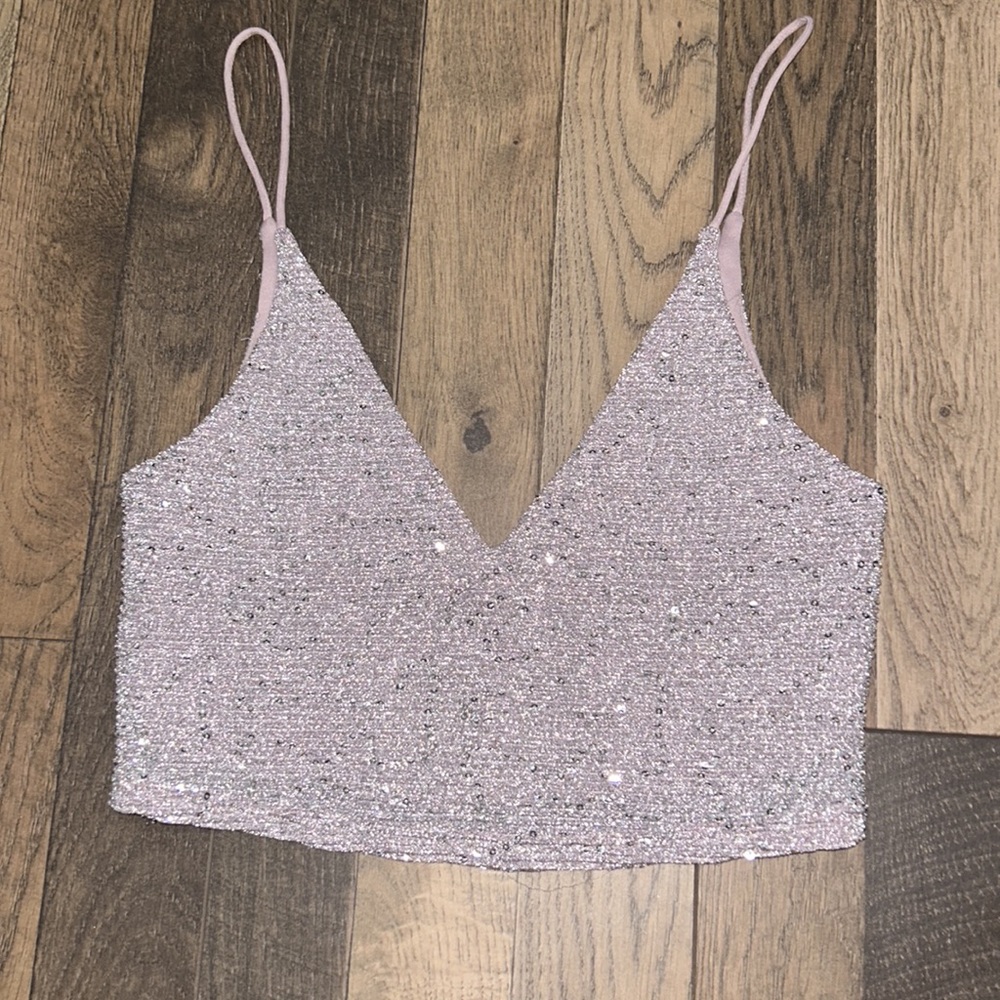 Forever 21 Sequin Pink and Silver V Neck Cropped Party Tank Top Size Small